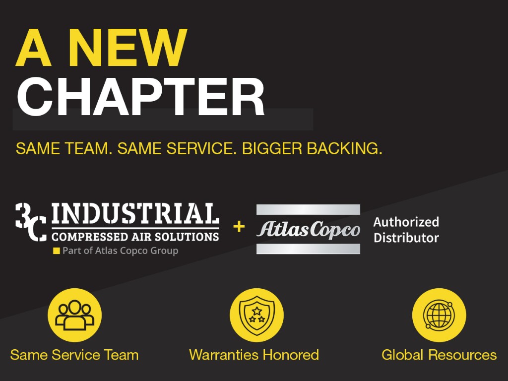 A New Chapter — Same Team. Same Service. Bigger Backing. 3C Industrial is part of Atlas Copco Group.